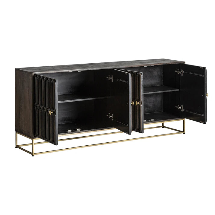 Kibo Solid Mango wood Sideboard with 4 Door in Dark Finish with Metal Base