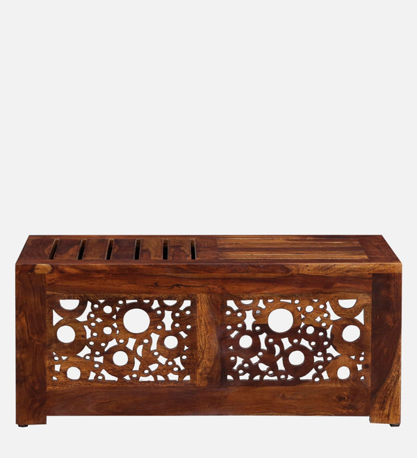 Lifty  Sheesham Wood Nesting Coffee Table Set in Provincial Teak Finish With Cushioned Stools