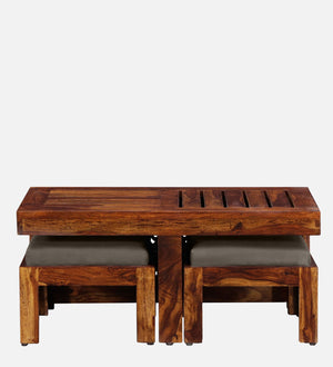 Lifty  Sheesham Wood Nesting Coffee Table Set in Provincial Teak Finish With Cushioned Stools