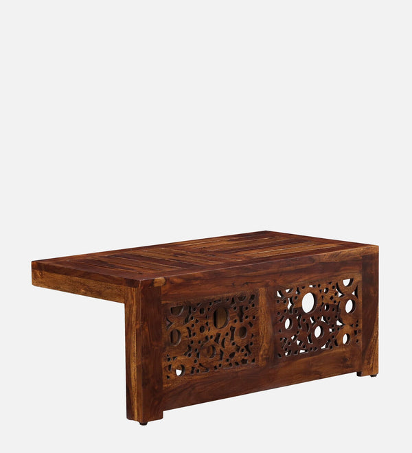 Lifty  Sheesham Wood Nesting Coffee Table Set in Provincial Teak Finish With Cushioned Stools