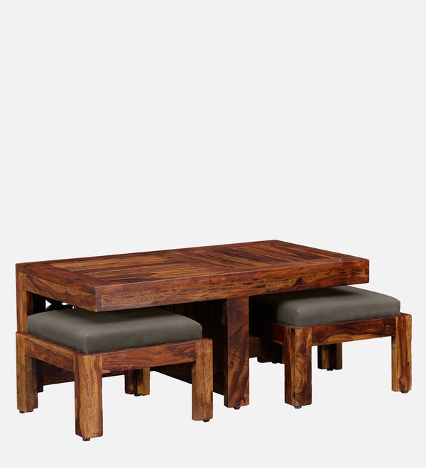 Lifty  Sheesham Wood Nesting Coffee Table Set in Provincial Teak Finish With Cushioned Stools
