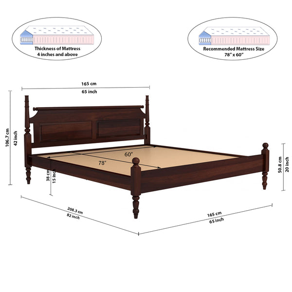 Bala Sheesham Wood Queen Size Bed In Walnut Finish Without Storage (60 x 78 inches)