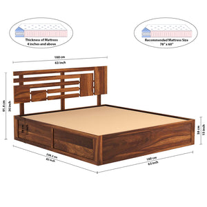 Perper Sheesham Wood Queen Size Bed In Teak Finish With Hydraulic Storage (60 x 78 inches)