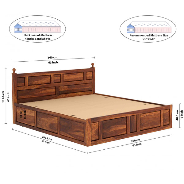 Krispy Sheesham Wood Queen Size Bed In Teak Finish With Box Storage (60 x 78 inches)