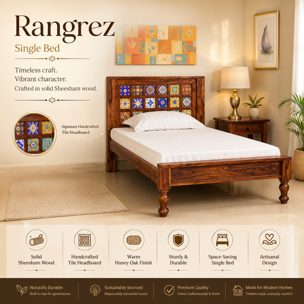 Rangrez Sheesham Wood Single Bed In Honey Oak Finish (36 - 78 inch Mattress Size)