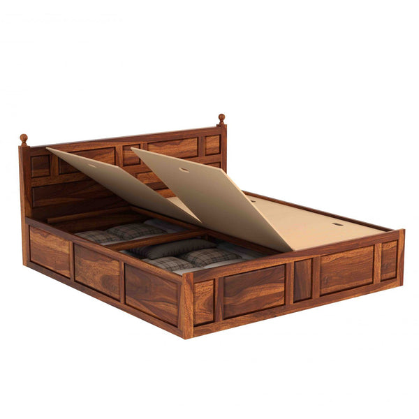 Krispy Sheesham Wood Queen Size Bed In Teak Finish With Box Storage (60 x 78 inches)