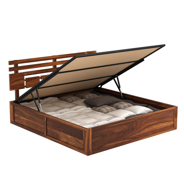 Perper Sheesham Wood Queen Size Bed In Teak Finish With Hydraulic Storage (60 x 78 inches)