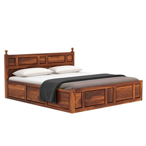 Krispy Sheesham Wood Queen Size Bed In Teak Finish With Box Storage (60 x 78 inches)