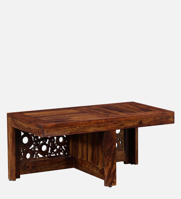 Lifty  Sheesham Wood Nesting Coffee Table Set in Provincial Teak Finish With Cushioned Stools