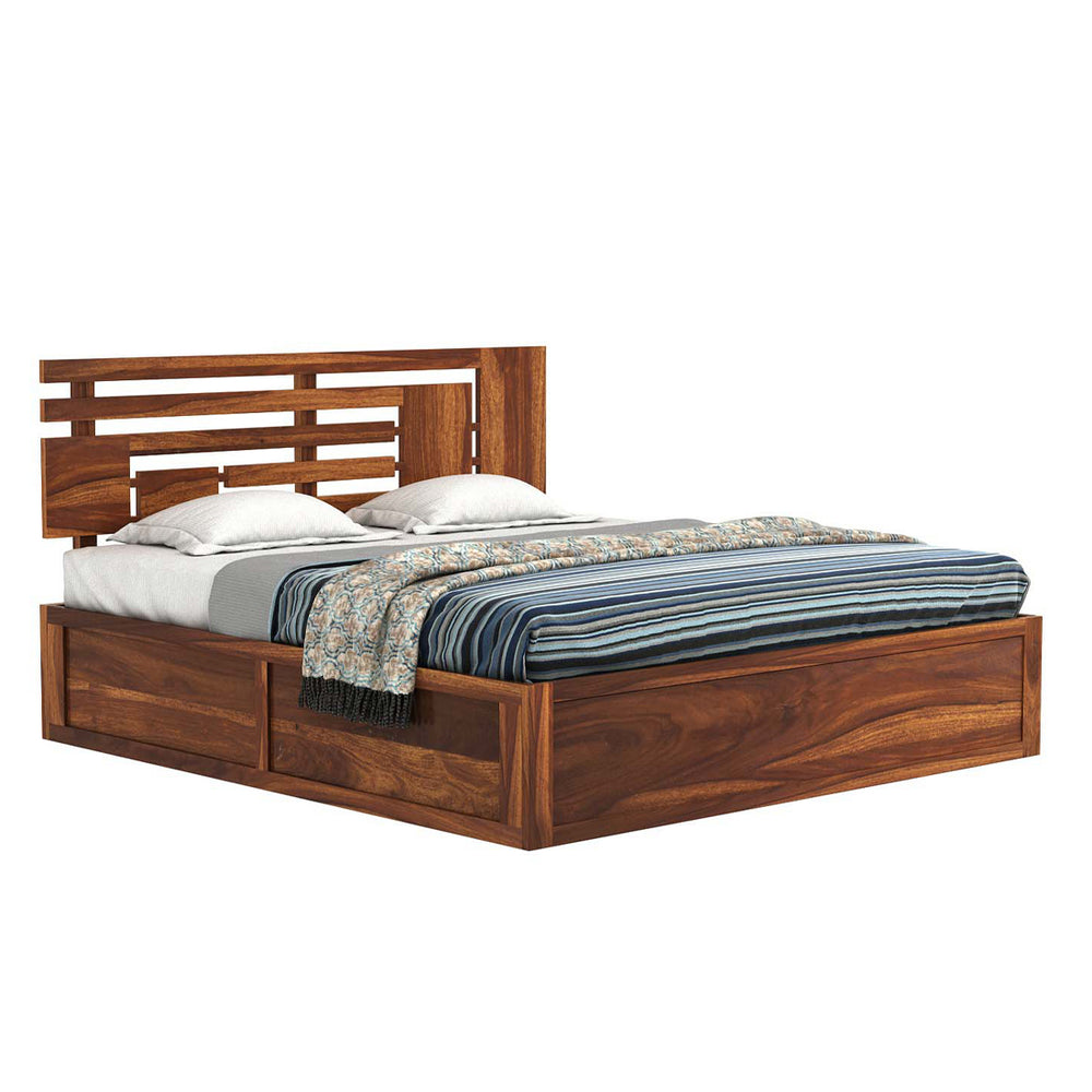Perper Sheesham Wood Queen Size Bed In Teak Finish With Hydraulic Storage (60 x 78 inches)