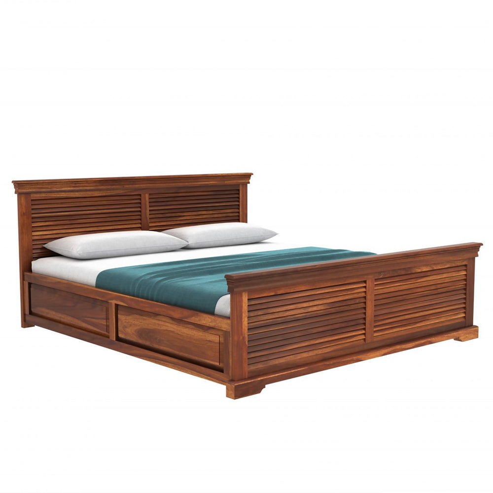 Hearti Sheesham Wood Queen Size Bed In Teak Finish With Box Storage (60 x 78 inches)