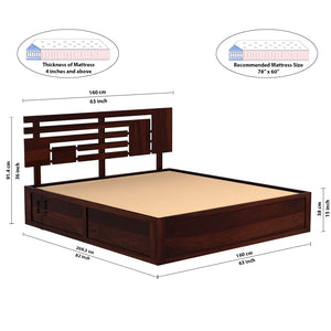 Perper Sheesham Wood Queen Size Bed In Walnut FinishWith Hydraulic Storage (60 x 78 inches)