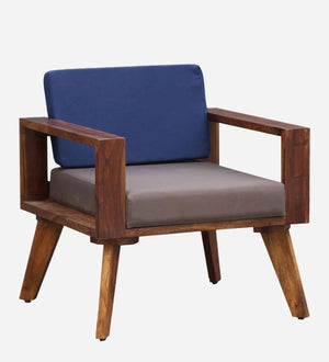 LIfty Sheesham Wood 1 Seater Sofa In Provincial Teak Finish & Blue Back