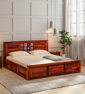 Rangrez Sheesham Wood King Size Bed In Honey Oak Finish With Box Storage (72 - 78 inch Mattress Size)