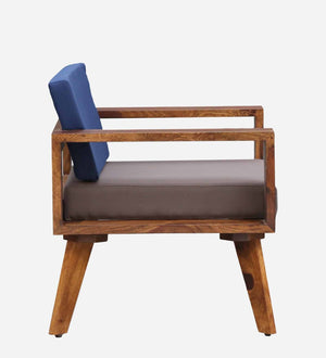 LIfty Sheesham Wood 1 Seater Sofa In Provincial Teak Finish & Blue Back