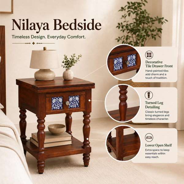 Nilaya Sheesham Wood Bedside Table In Honey Oak Finish With Drawer