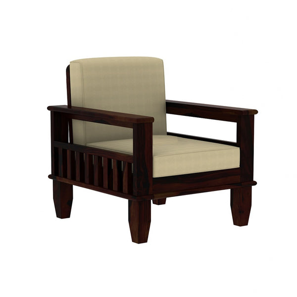 Madhavi 3+2+1 Seater Wooden Sofa (Creame Colour, Walnut Finish)