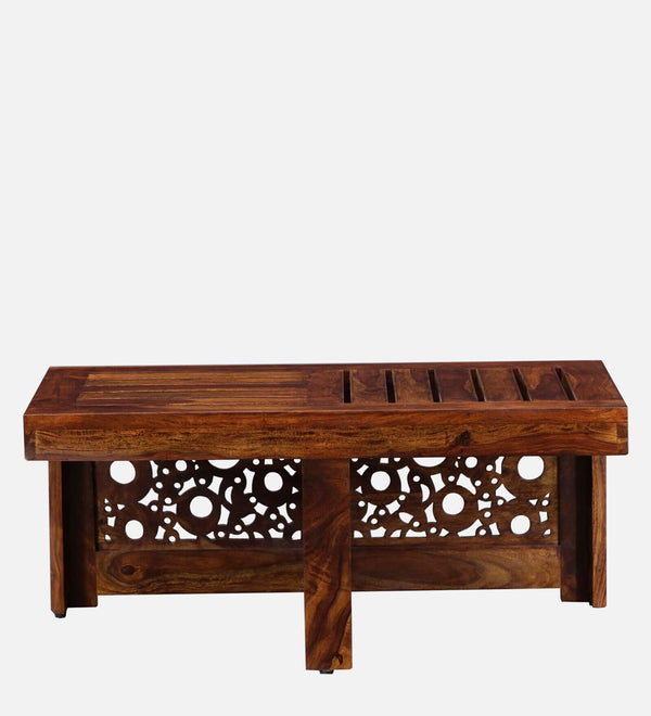 Lifty  Sheesham Wood Nesting Coffee Table Set in Provincial Teak Finish With Cushioned Stools