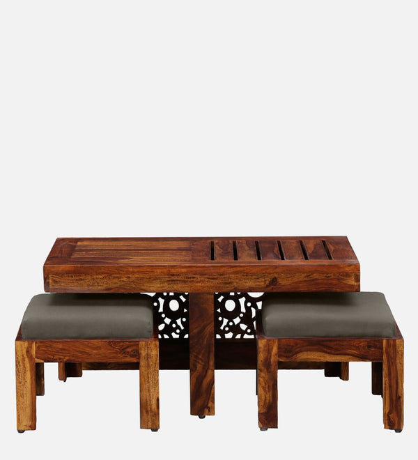 Lifty  Sheesham Wood Nesting Coffee Table Set in Provincial Teak Finish With Cushioned Stools