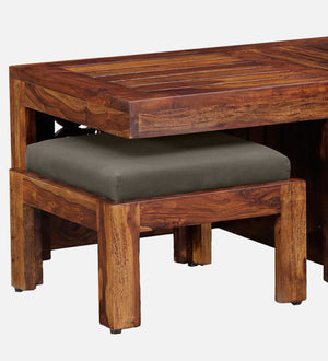 Lifty  Sheesham Wood Nesting Coffee Table Set in Provincial Teak Finish With Cushioned Stools