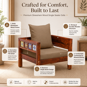 Rangrez Sheesham Wood 1 Seater Sofa In Honey Oak Finish with Beige Cushioned Chair