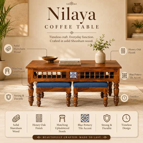 Nilaya Sheesham Wood Nesting Coffee Table Set in Honey Oak Finish With Cushioned Stools