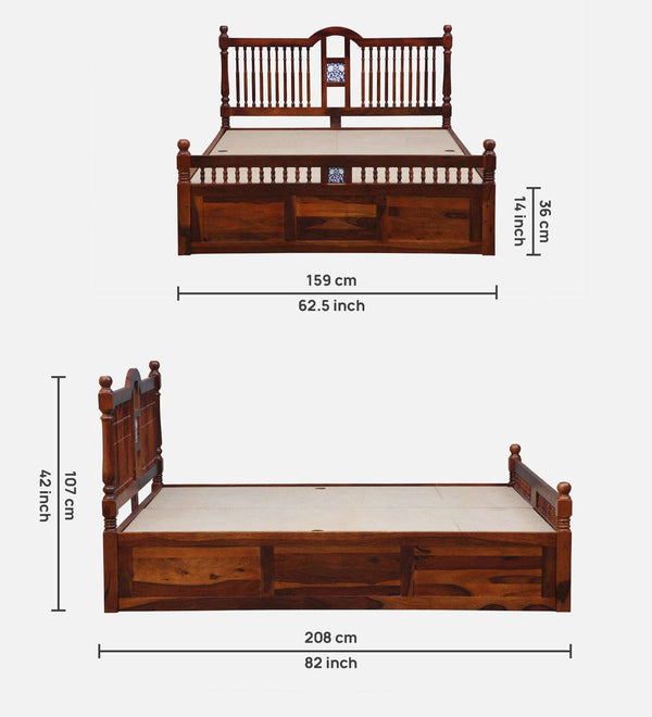 Nilaya Sheesham Wood Queen Size Bed In Honey Oak Finish With Box Storage (60 - 78 inch Mattress Size)