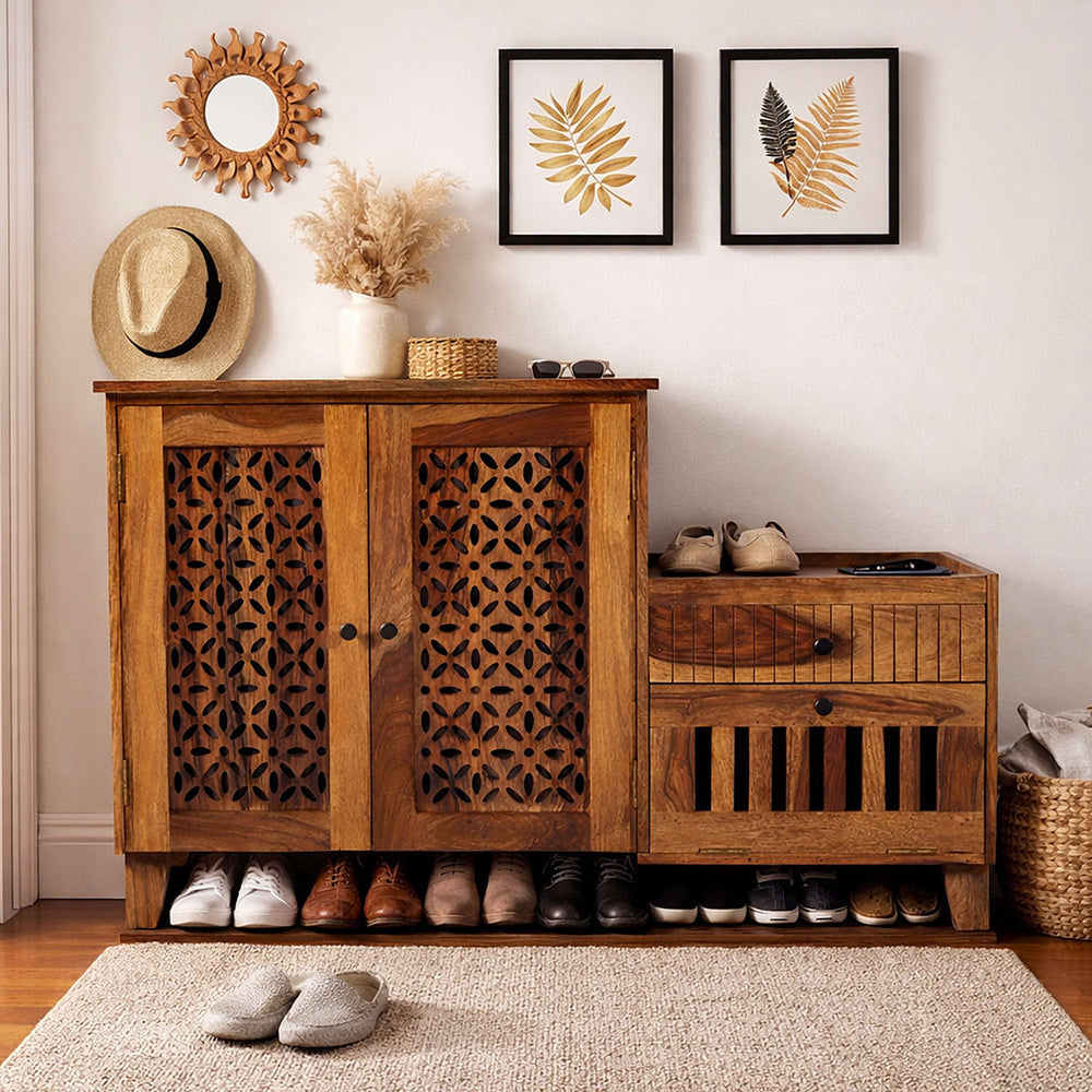 Dolo Sheesham Wood Shoerack in Teak Finish