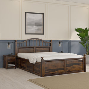 Syan Sheesham Wood Queen Size Bed In Provincial Teak Finish With Hydraulic Storage (60 x 78 inches)