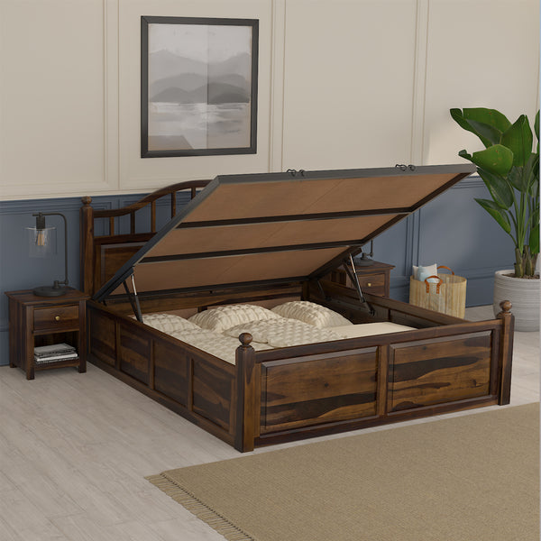Syan Sheesham Wood Queen Size Bed In Provincial Teak Finish With Hydraulic Storage (60 x 78 inches)