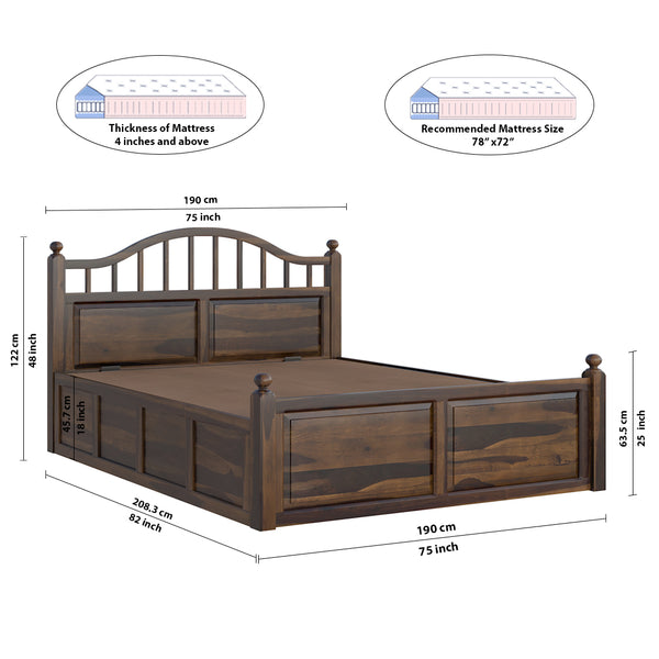 Syan Sheesham Wood Queen Size Bed In Provincial Teak Finish With Hydraulic Storage (60 x 78 inches)