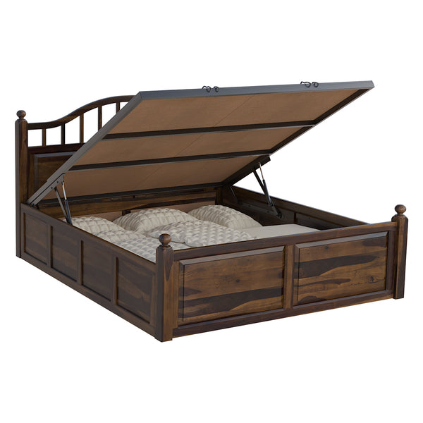 Syan Sheesham Wood Queen Size Bed In Provincial Teak Finish With Hydraulic Storage (60 x 78 inches)