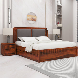 Lotus Sheesham Wood Queen Size Bed In Honey Oak FinishWith Drawer Storage (60 x 78 inches)
