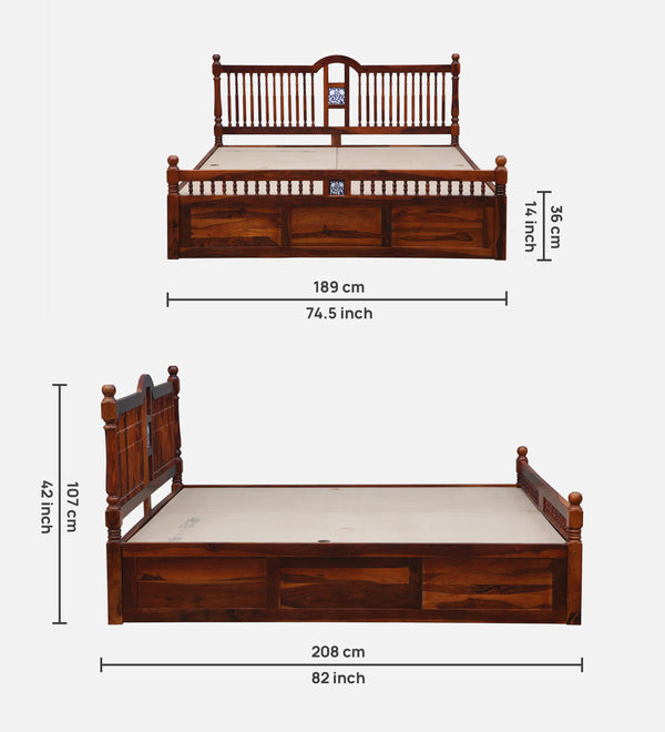 Nilaya Sheesham Wood King Size Bed In Honey Oak Finish With Box Storage (72 - 78 inch Mattress Size)
