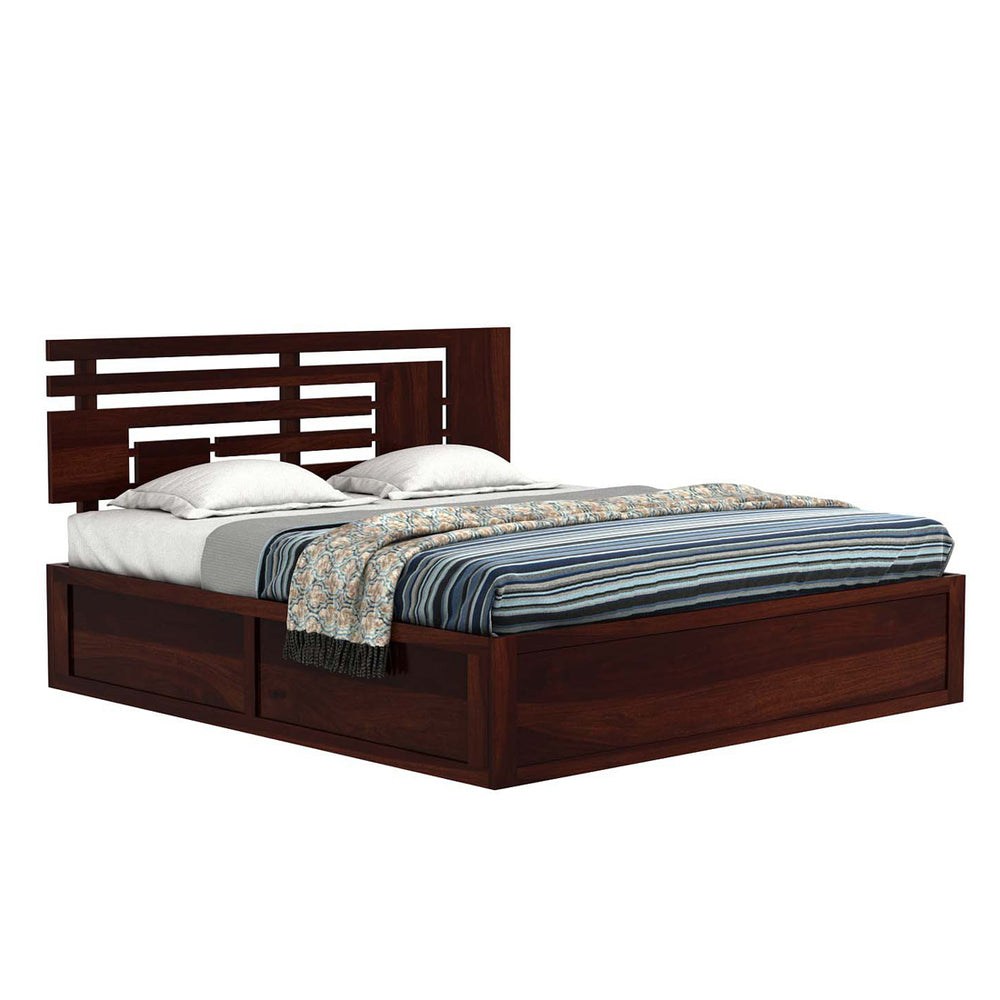 Perper Sheesham Wood Queen Size Bed In Walnut FinishWith Hydraulic Storage (60 x 78 inches)