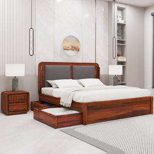 Lotus Sheesham Wood Queen Size Bed In Honey Oak FinishWith Drawer Storage (60 x 78 inches)