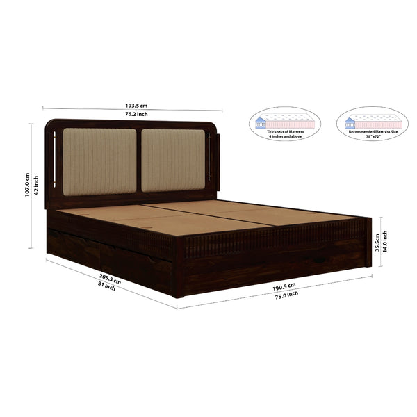 Lotus Sheesham Wood Queen Size Bed In Honey Oak FinishWith Drawer Storage (60 x 78 inches)