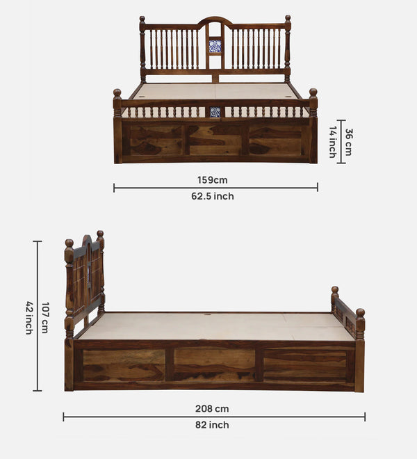 Nilaya Sheesham Wood Queen Size Bed In Provincial Teak Finish With Box Storage (60 - 78 inch Mattress Size)