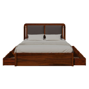 Lotus Sheesham Wood Queen Size Bed In Honey Oak FinishWith Drawer Storage (60 x 78 inches)