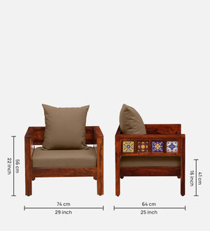 Rangrez Sheesham Wood 1 Seater Sofa In Honey Oak Finish with Beige Cushioned Chair