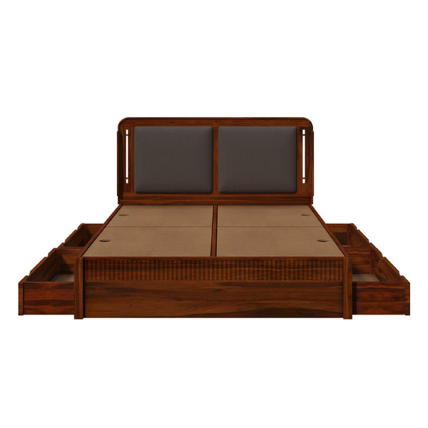 Lotus Sheesham Wood Queen Size Bed In Honey Oak FinishWith Drawer Storage (60 x 78 inches)