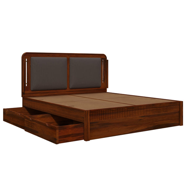 Lotus Sheesham Wood Queen Size Bed In Honey Oak FinishWith Drawer Storage (60 x 78 inches)
