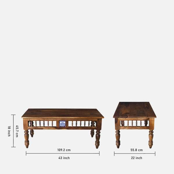 Nilaya Sheesham Wood Nesting Coffee Table Set in Provincial Teak Finish With Cushioned Stools