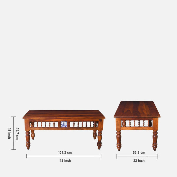 Nilaya Sheesham Wood Nesting Coffee Table Set in Honey Oak Finish With Cushioned Stools