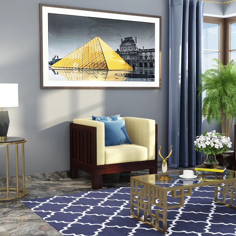 Prashiv 2+1+1 Seater Wooden Sofa (Creame Colour, Walnut Finish)