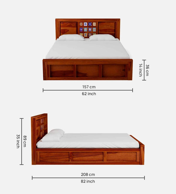Rangrez Sheesham Wood Queen Size Bed In Honey Oak Finish With Box Storage (60 - 78 inch Mattress Size)