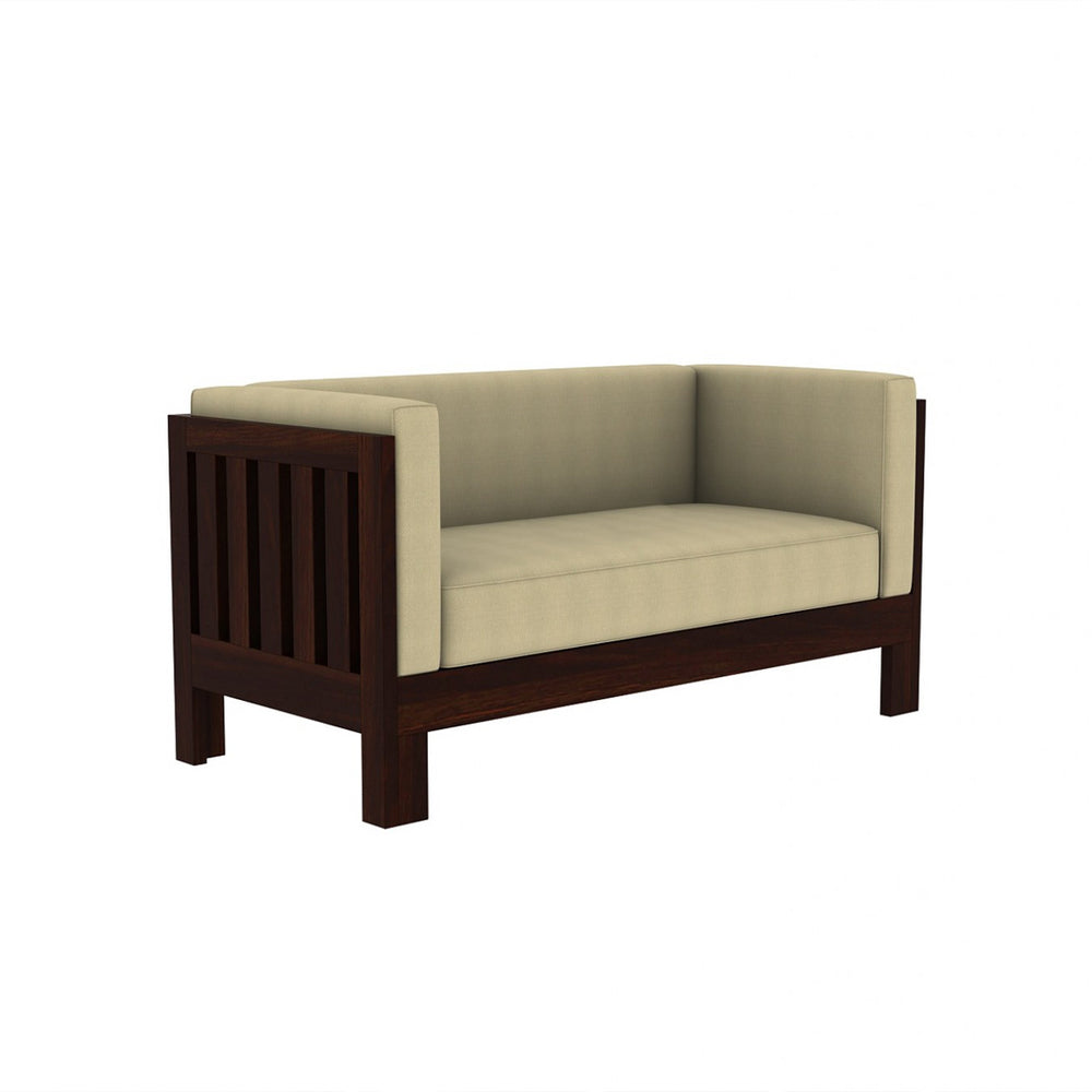 Prashiv 2 Seater Wooden Sofa (Creame Colour, Walnut Finish)