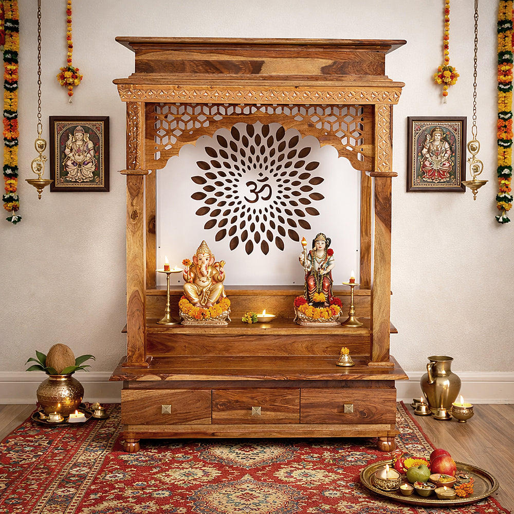 Pradha Sheesham Wood Prayer Unit in Teak Finish