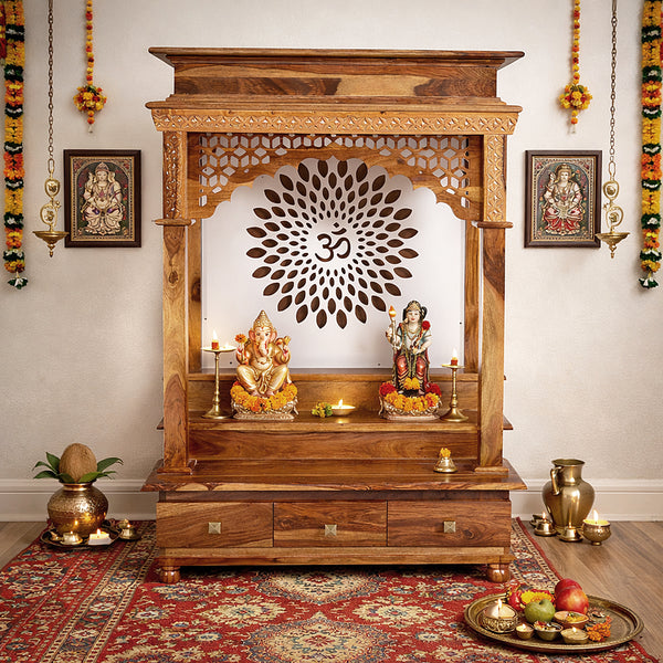 Pradha Sheesham Wood Prayer Unit in Teak Finish