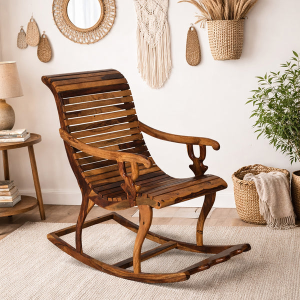 Rajasthani Sheesham Wood Rocking Chair in Teak Finish